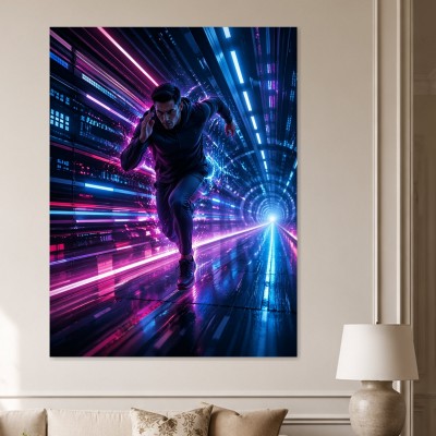 Dynamischer Läufer im Neon-Tunnel, Modernes Wandbild oder Fine Art Print