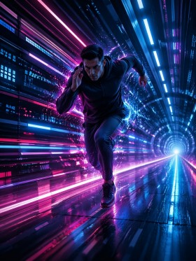 Dynamischer Läufer im Neon-Tunnel, Modernes Wandbild oder Fine Art Print