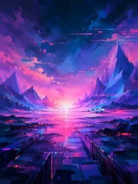 Fantasy Landschaft als Leinwand oder Poster in leuchtendem Neonlicht