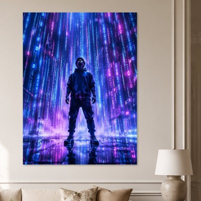 Futuristischer Held im Neonregen, Wandbild oder Acrylbild