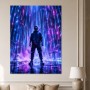 Futuristischer Held im Neonregen, Wandbild oder Acrylbild