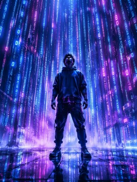 Futuristischer Held im Neonregen, Wandbild oder Acrylbild Futuristischer Held im Neonregen, Wandbild oder Acrylbild