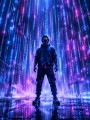 Futuristischer Held im Neonregen, Wandbild oder Acrylbild