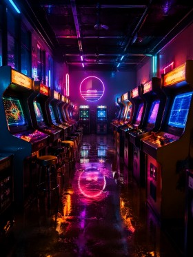 Neon Arcade Gang, Modernes Wandbild oder Acrylbild in Cyberpunk-Optik Neon Arcade Gang, Modernes Wandbild oder Acrylbild in Cyberpunk-Optik