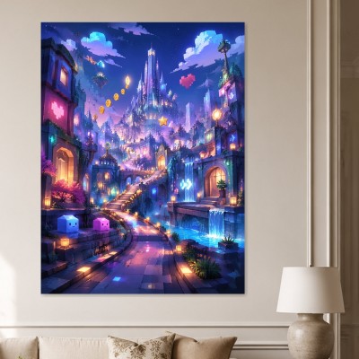 Magische Fantasy-Stadt bei Nacht, Poster oder Leinwand für Wohnräume