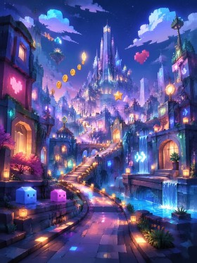 Magische Fantasy-Stadt bei Nacht, Poster oder Leinwand für Wohnräume