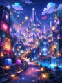 Magische Fantasy-Stadt bei Nacht, Poster oder Leinwand für Wohnräume