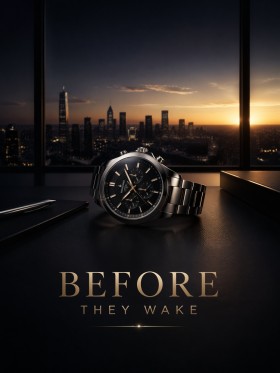 Elegante Uhr bei Sonnenuntergang, Leinwand oder Poster mit Skyline Elegante Uhr bei Sonnenuntergang, Leinwand oder Poster mit Skyline