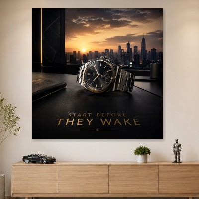 Luxuriöses Uhrenmotiv als Poster oder Acrylbild mit Skyline bei Sonnenaufgang