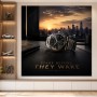 Luxuriöses Uhrenmotiv als Poster oder Acrylbild mit Skyline bei Sonnenaufgang