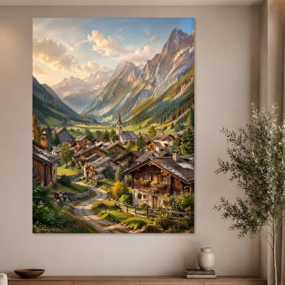 Alpine Dorfidylle zwischen Bergen als Wandbild oder Kunstdruck