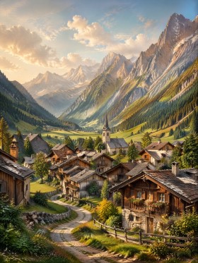 Alpine Dorfidylle zwischen Bergen als Wandbild oder Kunstdruck Alpine Dorfidylle zwischen Bergen als Wandbild oder Kunstdruck