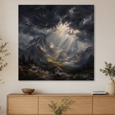 Dramatische Berglandschaft als Leinwand oder Poster mit Lichtdurchbruch