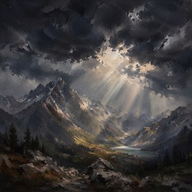 Dramatische Berglandschaft als Leinwand oder Poster mit Lichtdurchbruch