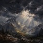 Dramatische Berglandschaft als Leinwand oder Poster mit Lichtdurchbruch