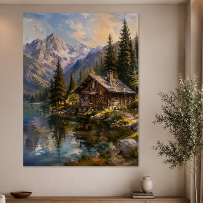 Alpine Hütte am See als Leinwand oder Poster