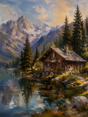 Alpine Hütte am See als Leinwand oder Poster