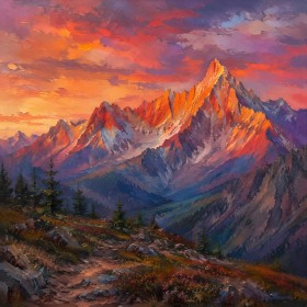 Alpenpanorama im Abendlicht, Kunstwerk oder Wandbild mit dramatischer Bergkulisse Alpenpanorama im Abendlicht, Kunstwerk oder Wandbild mit dramatischer Bergkulisse