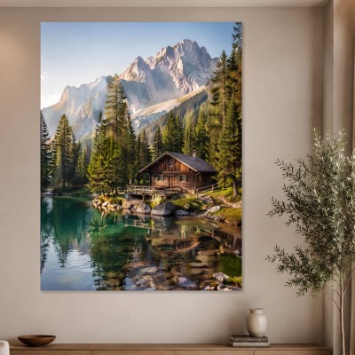 Alpine Hütte am See, Landschafts Kunstdruck oder Leinwandbild