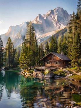 Alpine Hütte am See, Landschafts Kunstdruck oder Leinwandbild