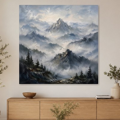 Nebelige Berglandschaft als Kunstdruck und Wandbild