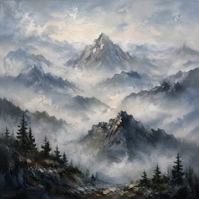 Nebelige Berglandschaft als Kunstdruck und Wandbild