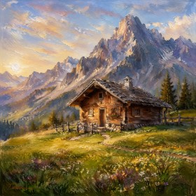 Almhütte vor Bergen, Wandbild oder Leinwand für alpine Wohnräume