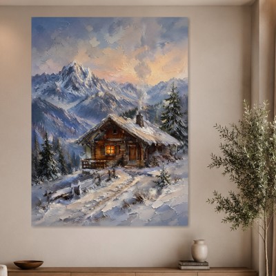 Verschneite Berghütte als Wandbild oder Kunstdruck