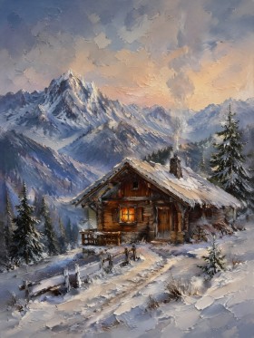 Verschneite Berghütte als Wandbild oder Kunstdruck