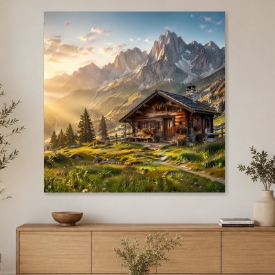 Alpine Hütte im Morgenlicht als Wandbild oder Poster