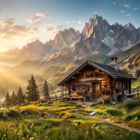 Alpine Hütte im Morgenlicht als Wandbild oder Poster