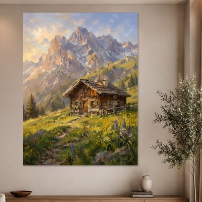 Alpenhütte im Morgenlicht als Leinwand oder Poster