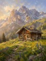 Alpenhütte im Morgenlicht als Leinwand oder Poster