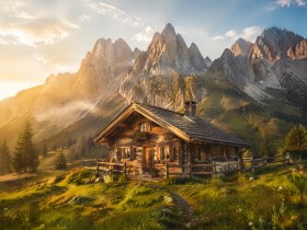 Alpine Hütte im Morgenlicht, Wandbild oder Leinwandbild