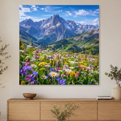 Alpenblumen vor majestätischer Bergkulisse, Kunstdruck und Wandbild