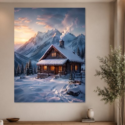 Winterliche Berghütte als Leinwand oder Poster