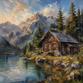 Almhütte am Bergsee als Leinwandbild oder Kunstdruck
