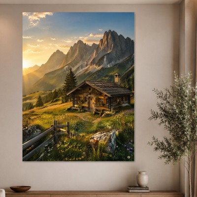 Alpine Hütte im Abendlicht als Leinwand oder Poster