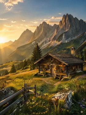 Alpine Hütte im Abendlicht als Leinwand oder Poster