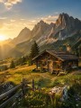 Alpine Hütte im Abendlicht als Leinwand oder Poster
