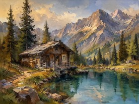 Almhütte am Bergsee, Kunstdruck oder Leinwandbild