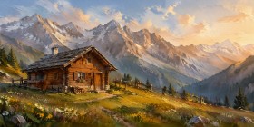 Alpine Hütte im Sonnenlicht, Wandbild oder Kunstdruck