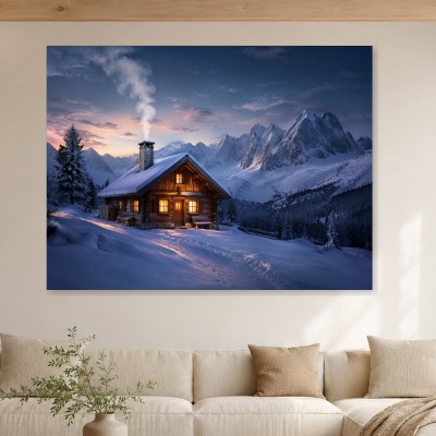 Winterhütte im Gebirge, Wandbild oder Kunstdruck mit Bergpanorama