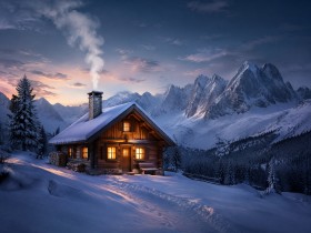Winterhütte im Gebirge, Wandbild oder Kunstdruck mit Bergpanorama