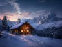 Winterhütte im Gebirge, Wandbild oder Kunstdruck mit Bergpanorama