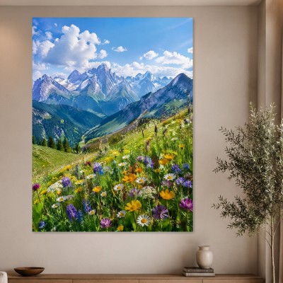 Alpine Bergwiese zwischen Himmel und Gipfeln, Leinwand oder Poster