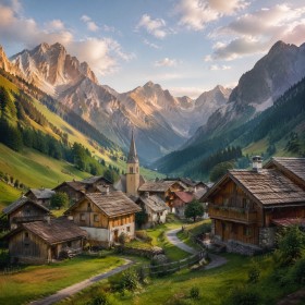 Alpendorf im Morgenlicht, Wandbild oder Leinwand für alpine Wohnräume Alpendorf im Morgenlicht, Wandbild oder Leinwand für alpine Wohnräume