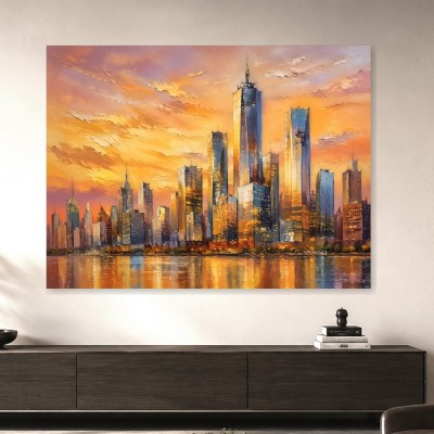 New York Skyline als Leinwand oder Acrylbild im goldenen Sonnenuntergang