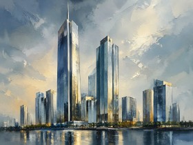 Modernes Wandbild und Acrylbild der gläsernen Skyline am Wasser Modernes Wandbild und Acrylbild der gläsernen Skyline am Wasser