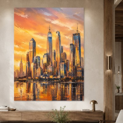 Goldene Skyline am Abend, Cityscape als Wandbild oder Acrylbild
